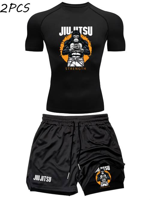 mens two piece fitted short sleeve set double layer shorts sports outfit short sleeve round neck for indoor and outdoor personalized pattern print short sleeve sports quick dry t shirt with fitness hiking football t