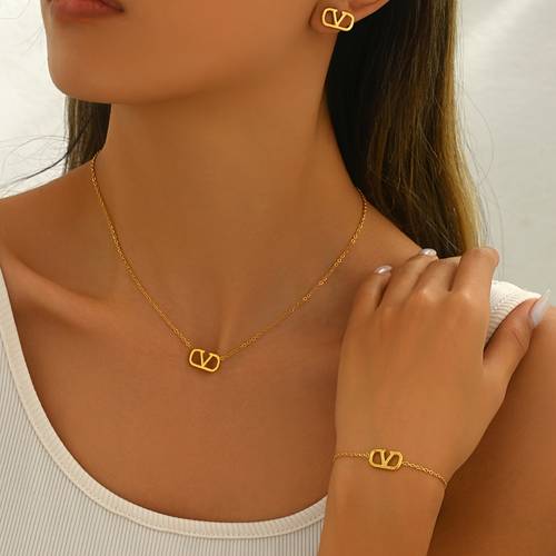3pcs minimalist luxury v letter earrings necklace and bracelet design jewelry for womens clavicle chain additions