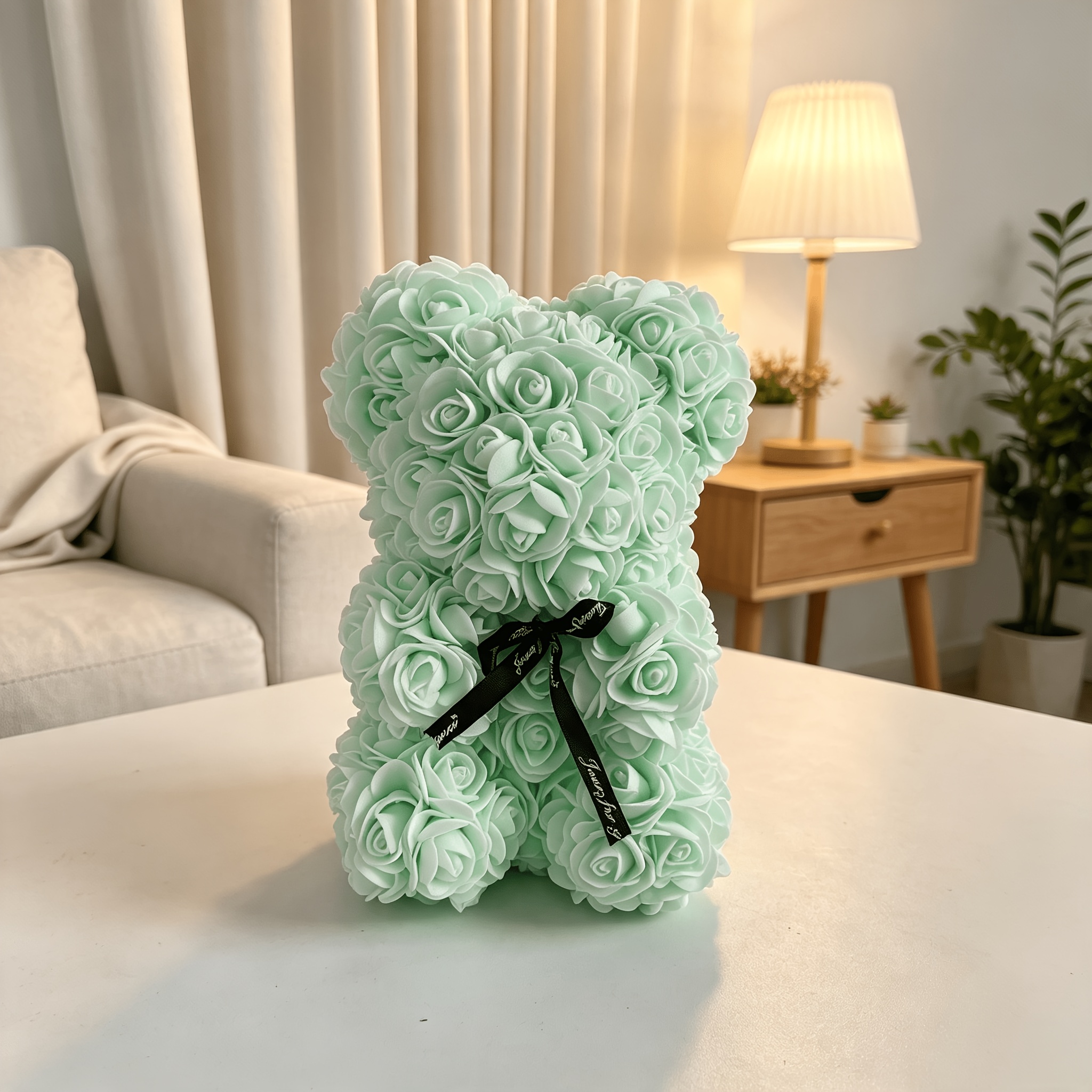 TEMU Mint Green Handmade Rose Bear Statue Ornament, Floral Sculpture Tabletop Home Decor Gift For Valentine's Day Birthday Anniversary