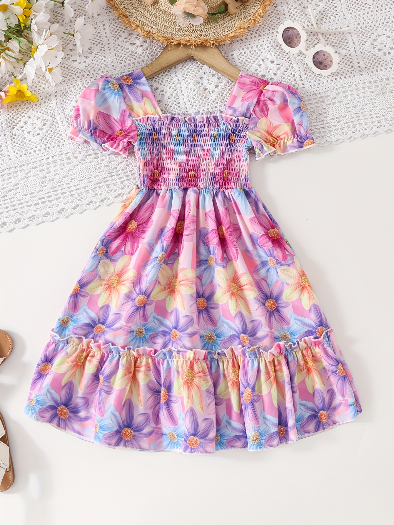 Girls' Colorful Floral Princess Dress – Vibrant Short-Sleeve Summer Gown