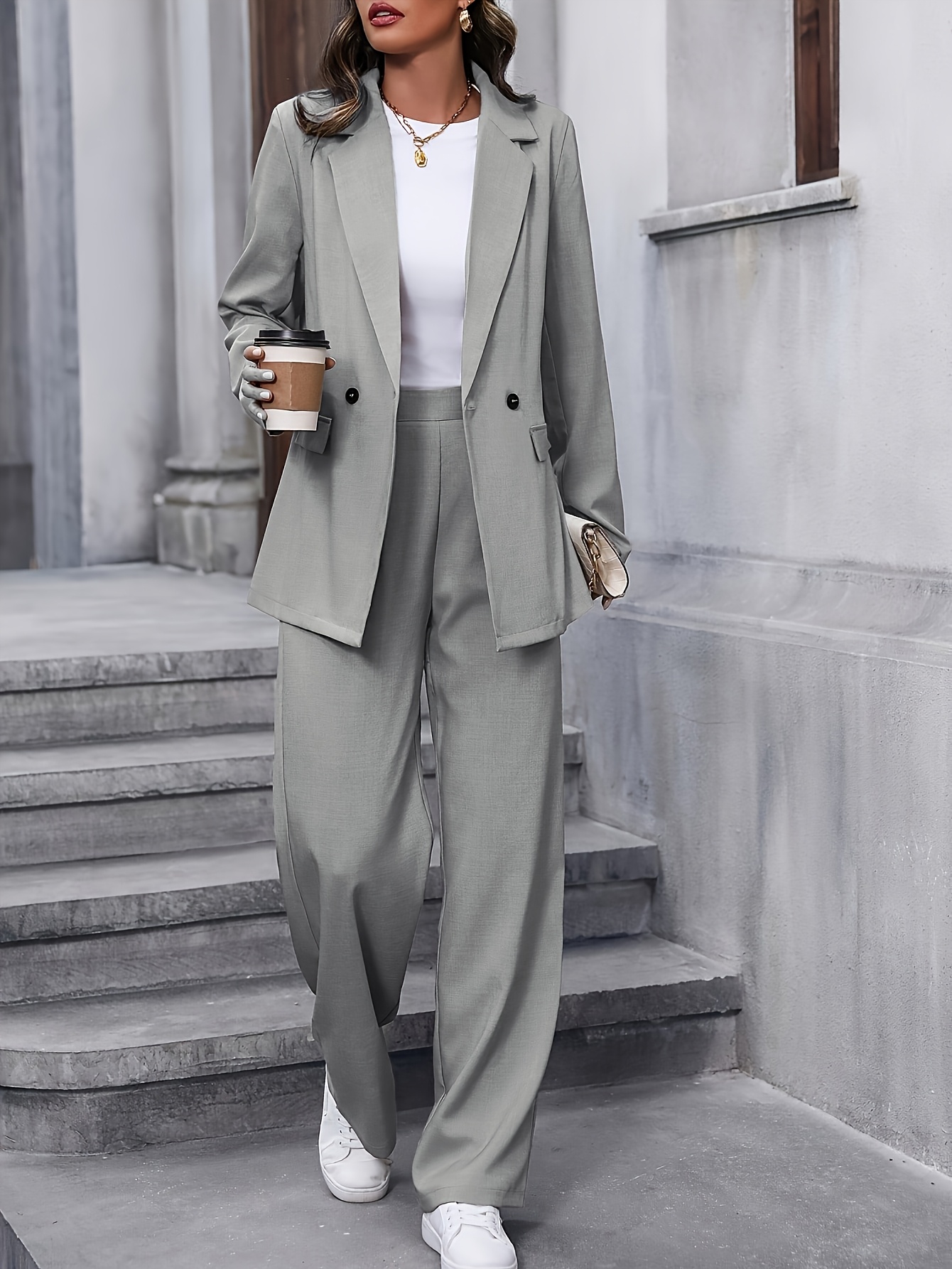 elegant womens solid color pants set chic gray double Temu Pakistan