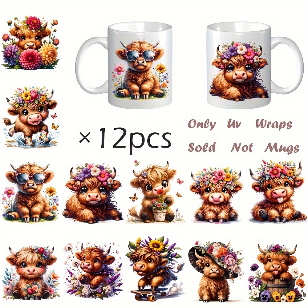 

12-pack Highland Cow Floral Stickers, Diy Cartoon Animal Vinyl Decals, Self-adhesive Uv Dtf Transfer For Glass Jars & Coffee Cups, Themed Irregular Shape With Glitter