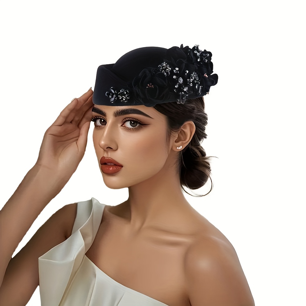 TEMU Elegant British Style Felt Beret With Floral Accents For Women, Vintage Polyester Beanie, Formal Hair Accessories, Occasion Themed Wedding Parties , Gifts For Her