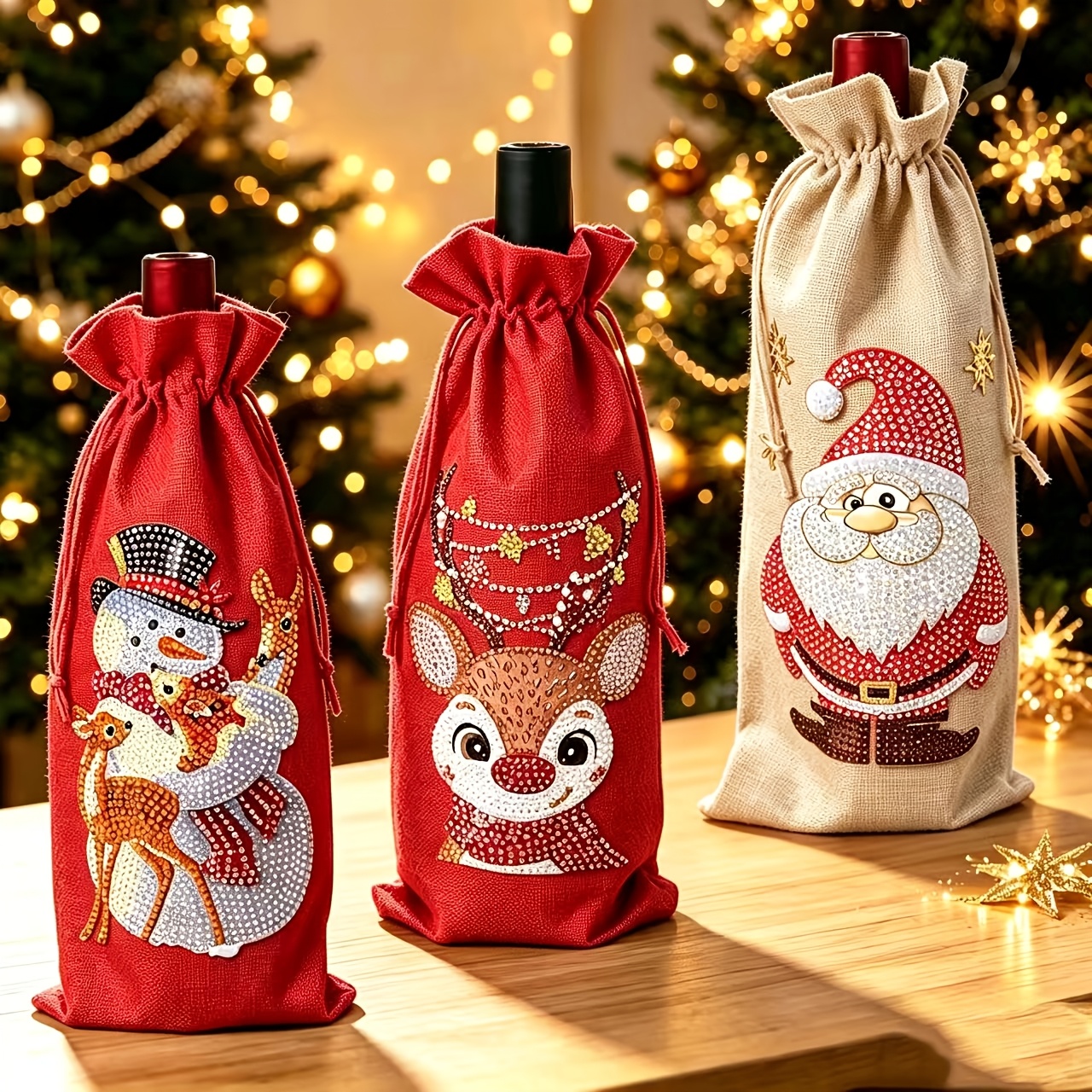 TEMU 3pcs 5d Diamond Painting Bag Set, For Wine, Decorative Red Wine And Champagne Bags, Adult Design. This Diamond Painting Kit Includes A Christmas