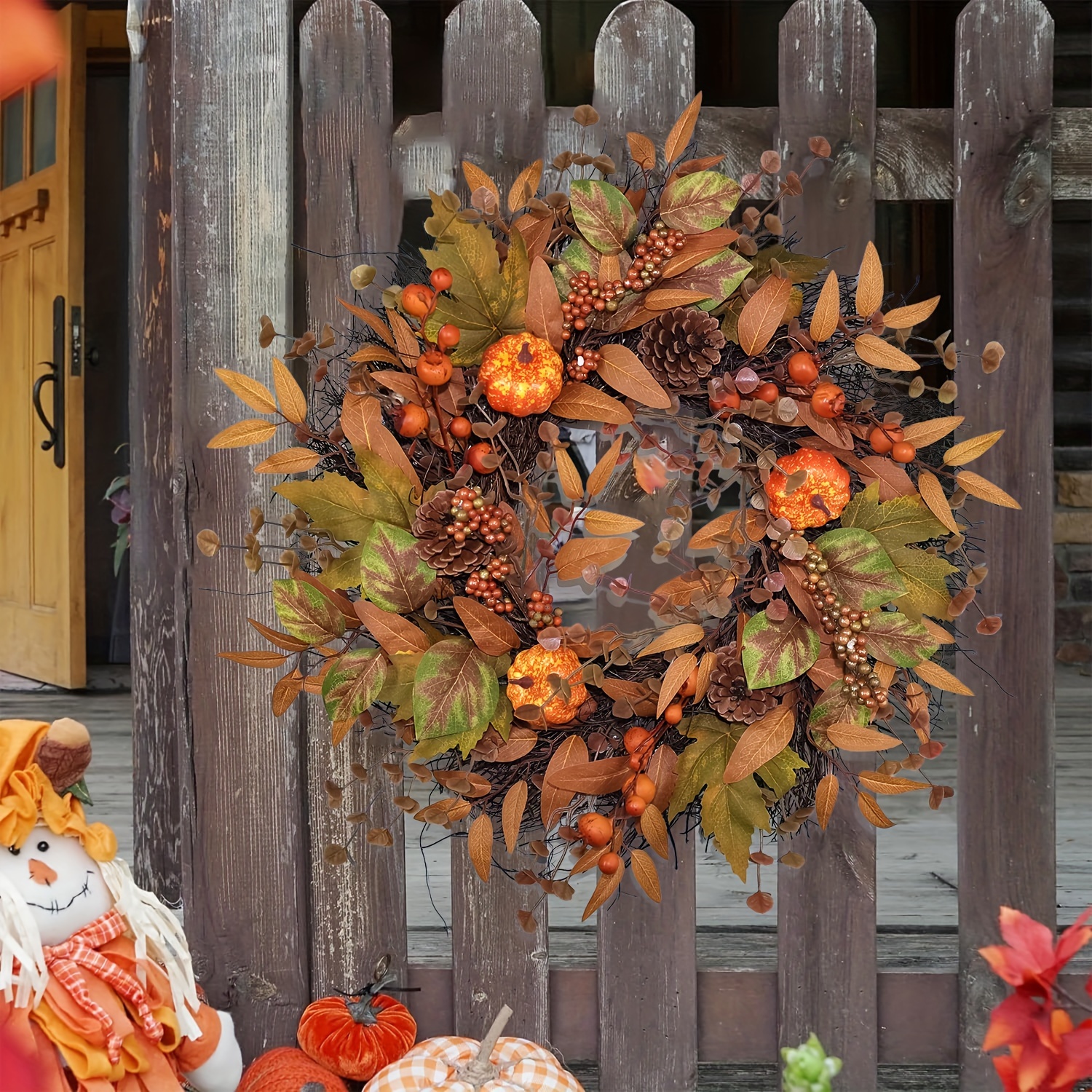 

Autumn Harvest Door Wreath 21.6 Inch - Classic Style Plastic Fall Garland With Pumpkins, Pine Cones, Maple Leaves, Berries - No Electricity Door Mount For Halloween, Thanksgiving Decorations