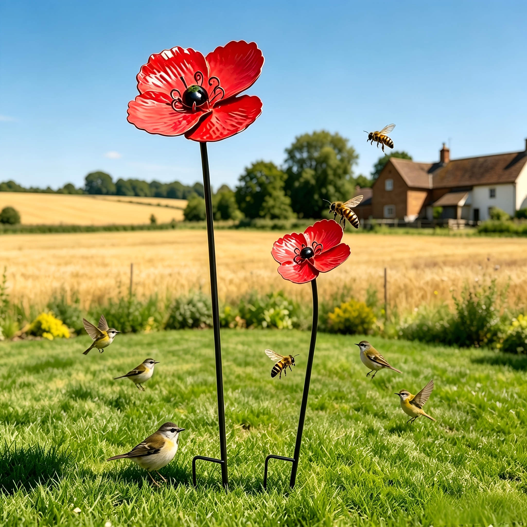 item picture 3d 2pcsa large and a small flower metal red poppy flower garden stake decor outdoor yard art ornament   iron floral   for lawn patio farm decoration