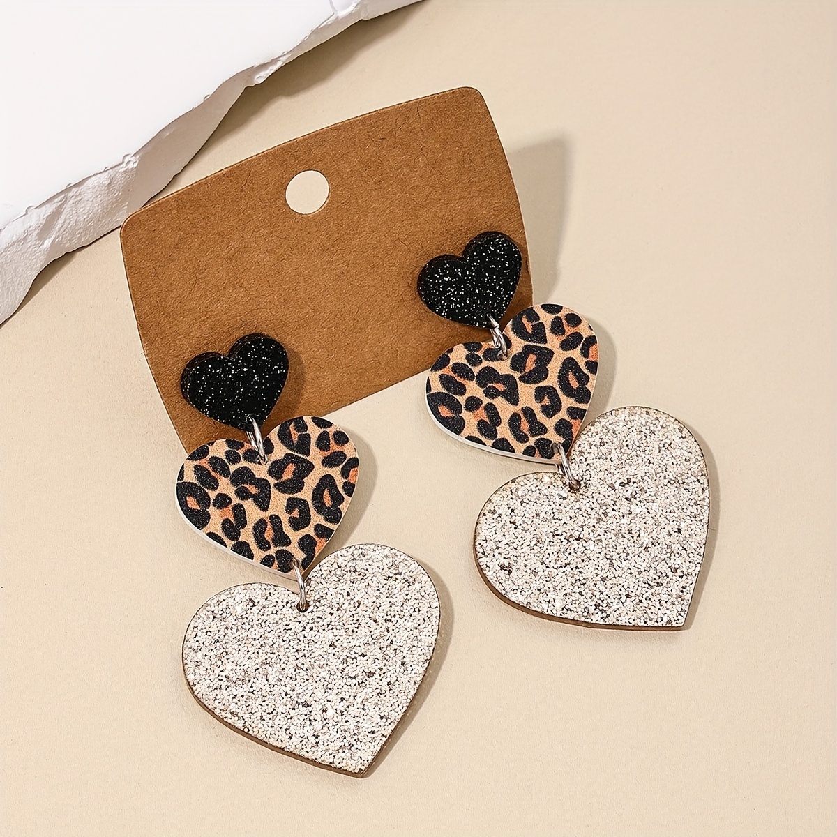 

Chic Leopard Print Heart Dangle Earrings - Acrylic, Stainless Steel Posts | & Gifts