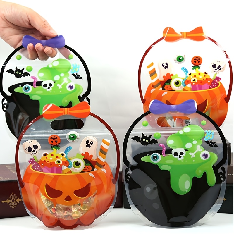 TEMU 8pcs Sacs à main de pot de sorcière de citrouille sur le thème d'Halloween, sacs auto-scellants créatifs pour cadeaux de fêtes et emballage