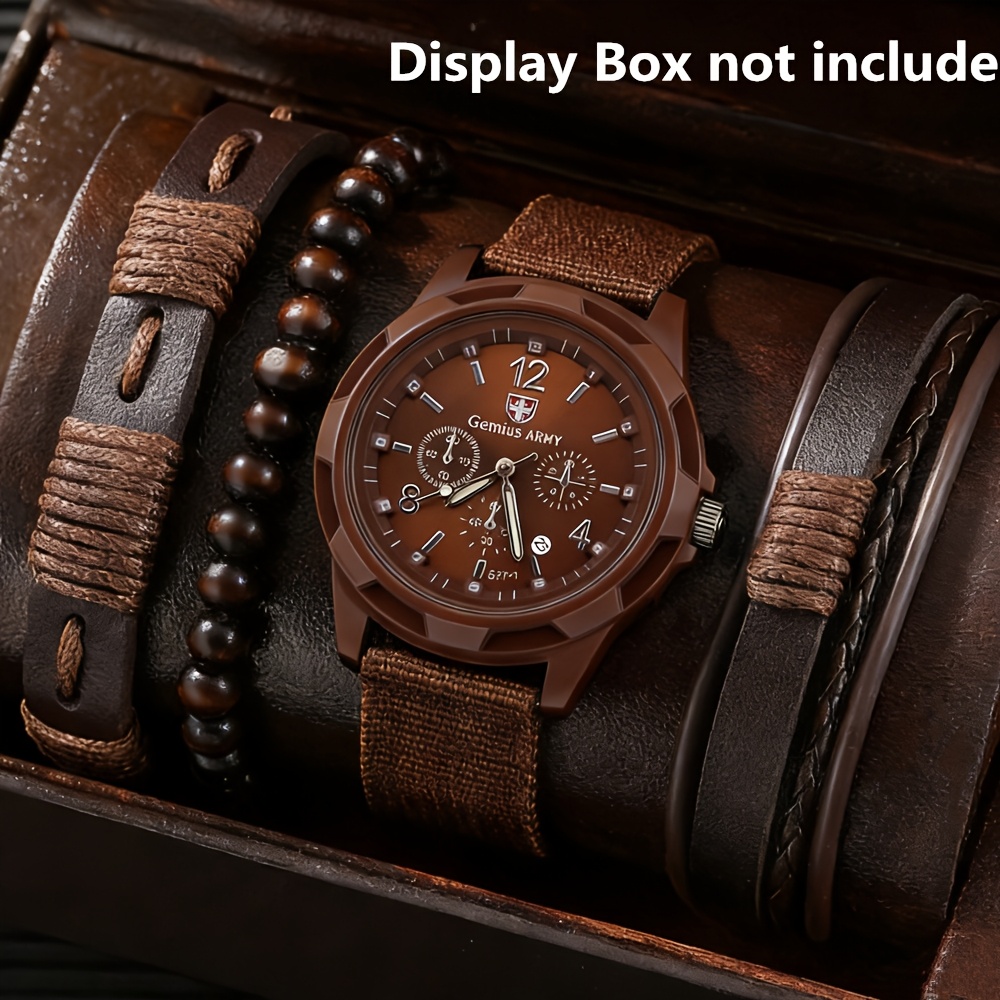 TEMU 4pcs/set, Men's Watch And Bracelet Combination, Casual Cool Men's Fashion Nylon Strap Watch And Bracelet, Trendy Quartz Wristwatch And Bracelets