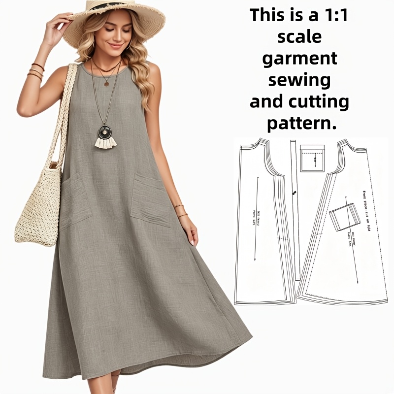 TEMU Motif de couture pour robe polyvalente manches de couleur unie, style vacances décontracté, 1:1, motif en papier avec claires, convient aux