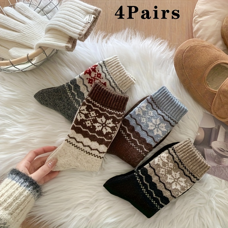 TEMU 4 Pairs Japanese-style Academic Vintage Socks, Autumn/winter Thickened Warm Fair Isle Snowflake Pattern Socks