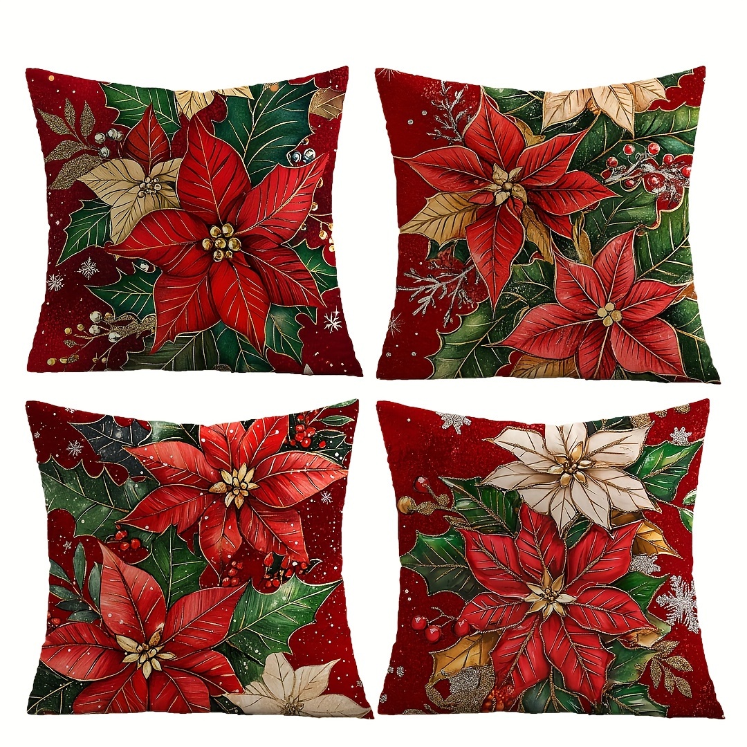

4-pack Rustic Throw Pillow Covers, Poinsettia Holiday Design, 17.7 X 17.7 Inch, Machine Washable, Zippered, Polyester Decorative Pillowcases For Home Decor, Sofa, Party, New Year Gift