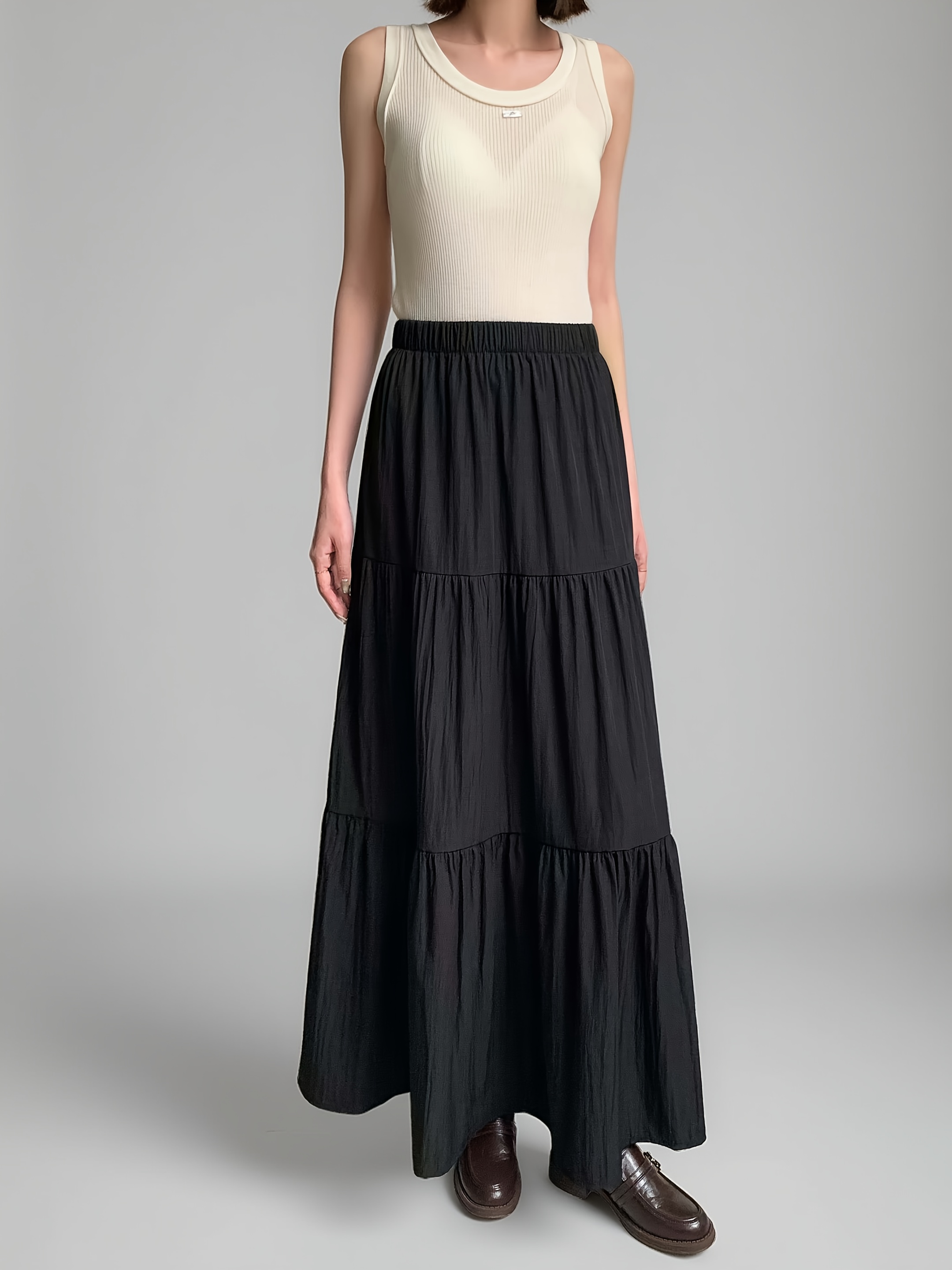 ハーリップトゥ　High-Waist Tiered Long Skirt M women's casual high waist tiered ruffle flowy maxi skirt