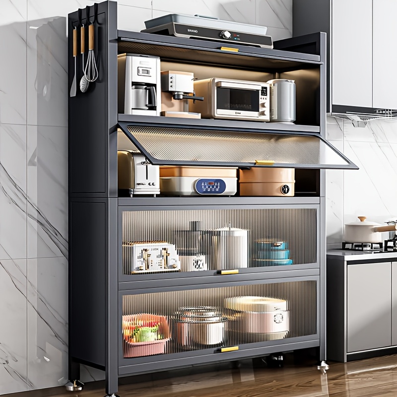 Image of 5-tier Kitchen Storage Cabinet, Microwave Stand With Flip-up Acrylic Doors, Freestanding Kitchen Bakers Rack, For Dining Room, Living Room And Study (gray)
