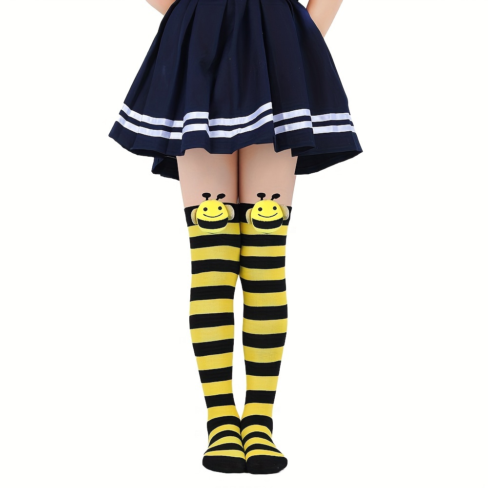 

1 Pair Of Kid's Fashion Cartoon Bee Decor Striped Pantyhose, Comfy & Breathable Soft & Elastic Pantyhose For Spring And Summer