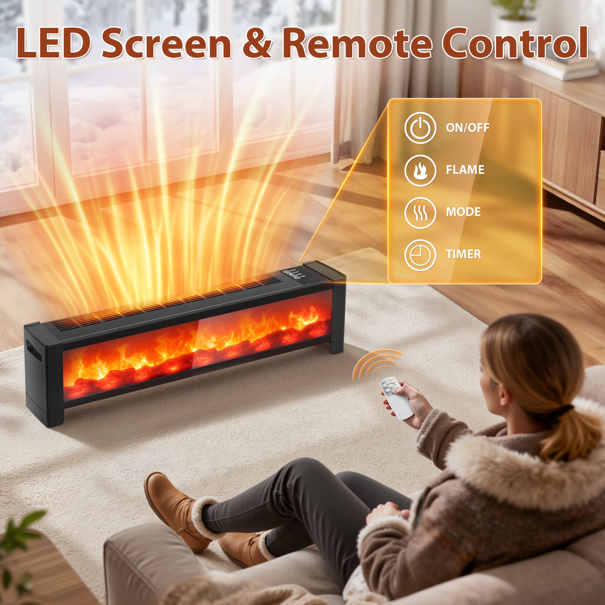 33" Baseboard Heater, 1500w Electric Fireplace With Outlet, Remote & Adjustable Thermostat