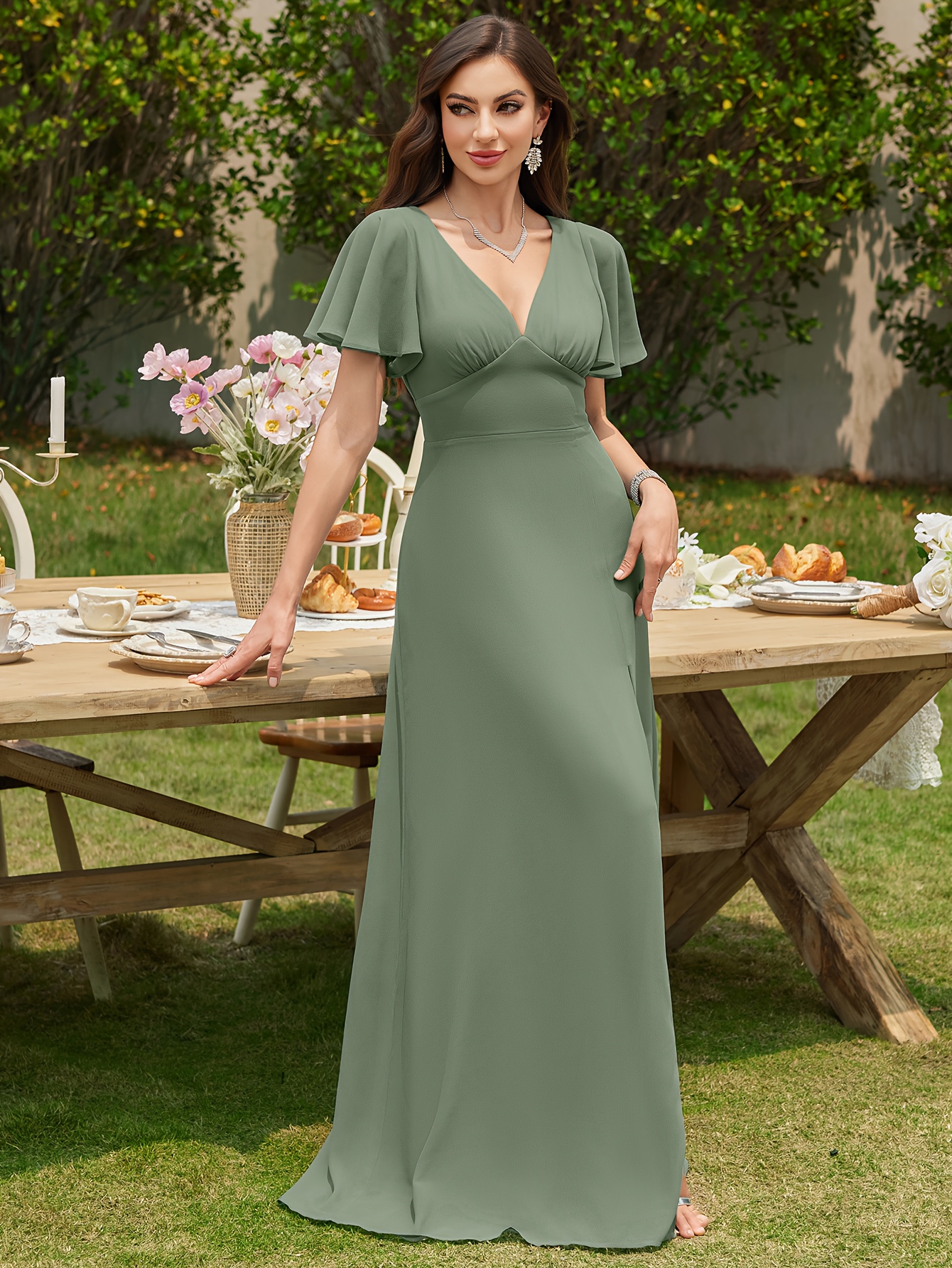 slim fit dress slacks Ever-Pretty Plus Size Glitter V-Neck Flutter Sleeve Midi Summer Formal Wedding Guest Dress main image 1