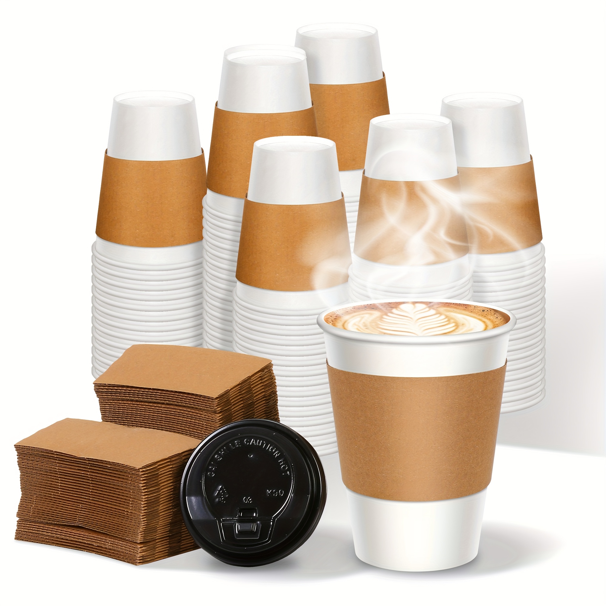 TEMU 100 Pack 12 Oz Disposable Thickened Paper Coffee Cups With Lids And Sleeves, To Go Hot Coffee Cups, Hot Chocolate, And Coffee . Leak-proof To