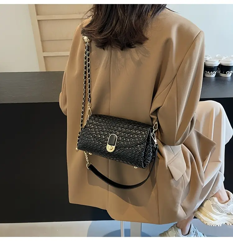 chic black woven crossbody bag for women versatile shoulder bag with detachable strap zip closure hardware casual or formal outfits Product details 14