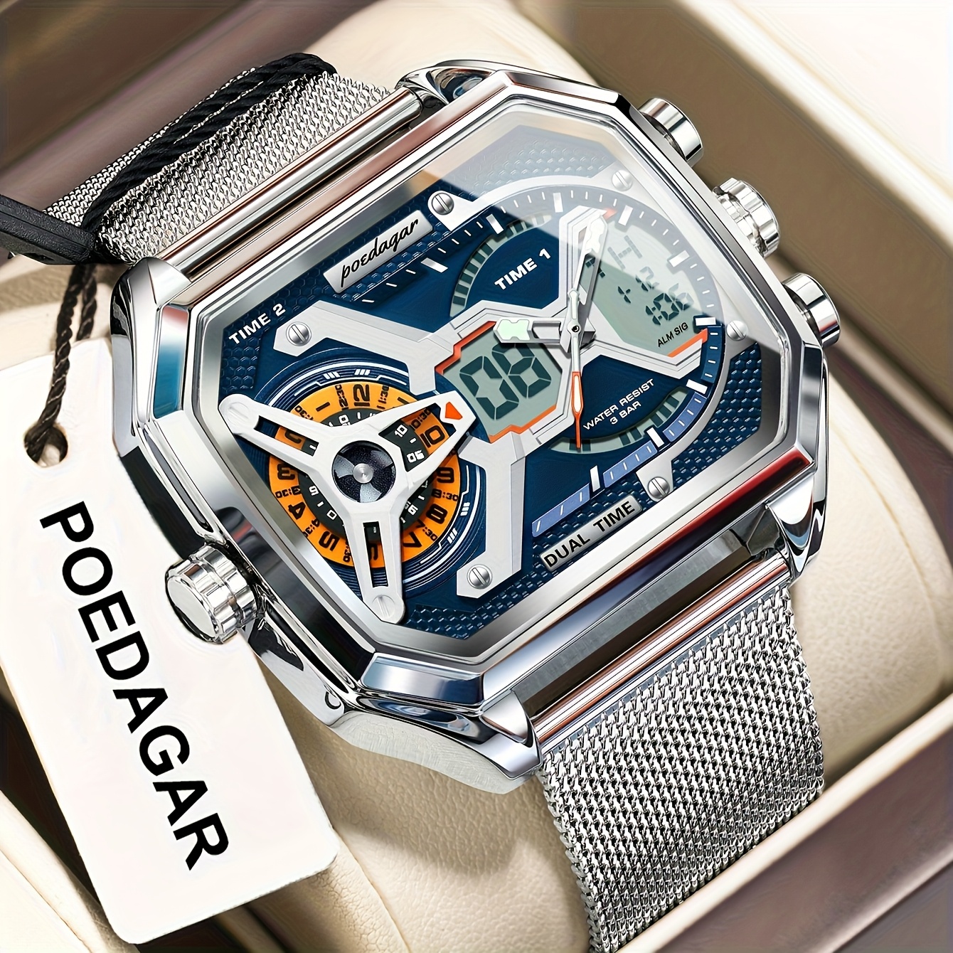 POEDAGAR men&women's Sports Electronic Watch - Dual Time Zone,, Luminous, Stopwatch, Weekly Calendar, Stainless Steel Mesh Band, Blue & Orange Transparent Case, Digital Display, Outdoor Timekeeping | Robust Watch Design | Durable Mesh Band, Suit