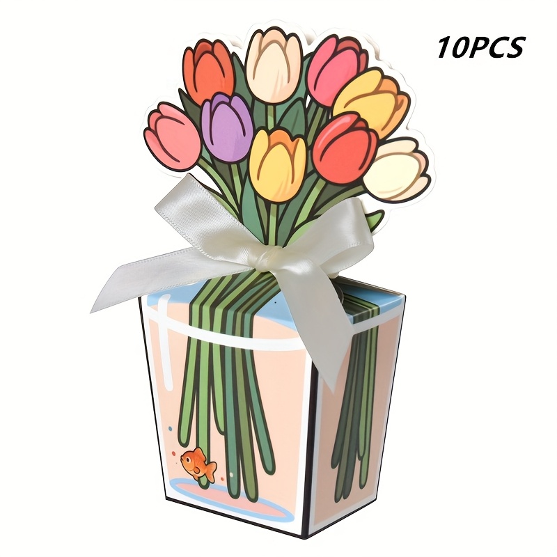 TEMU 10-pack Creative Romantic Gift Boxes With White Bows & Blue-black Border - Vibrant Multicolor Tulip Design For Birthdays, Weddings,