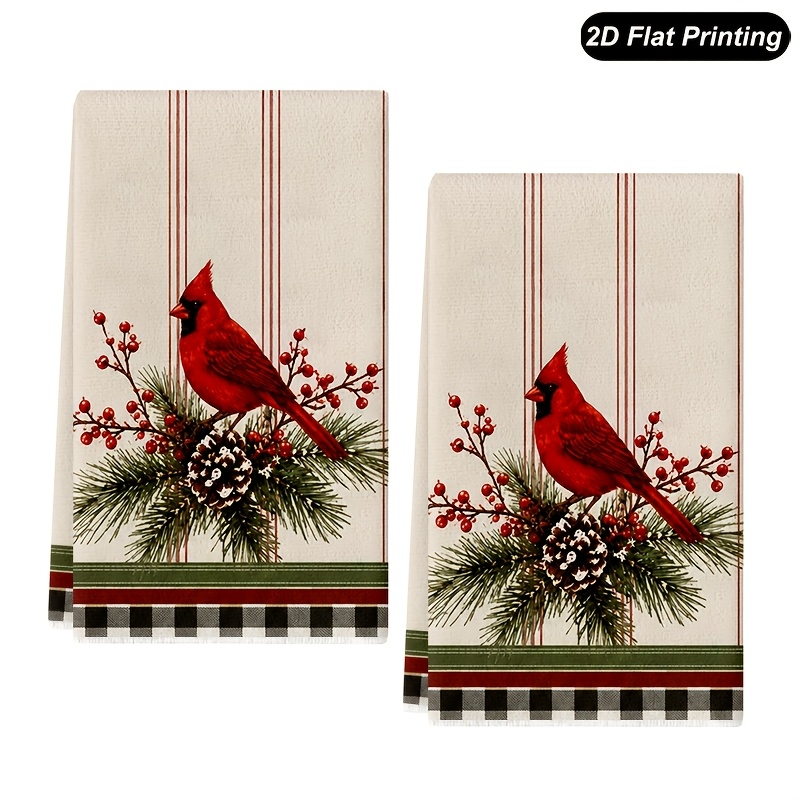 TEMU 2pcs Christmas Red Pine Kitchen Towels - Farmhouse Dish & Suitable For Holiday Decor, With Bird Print, Machine Washable For Xmas Party,
