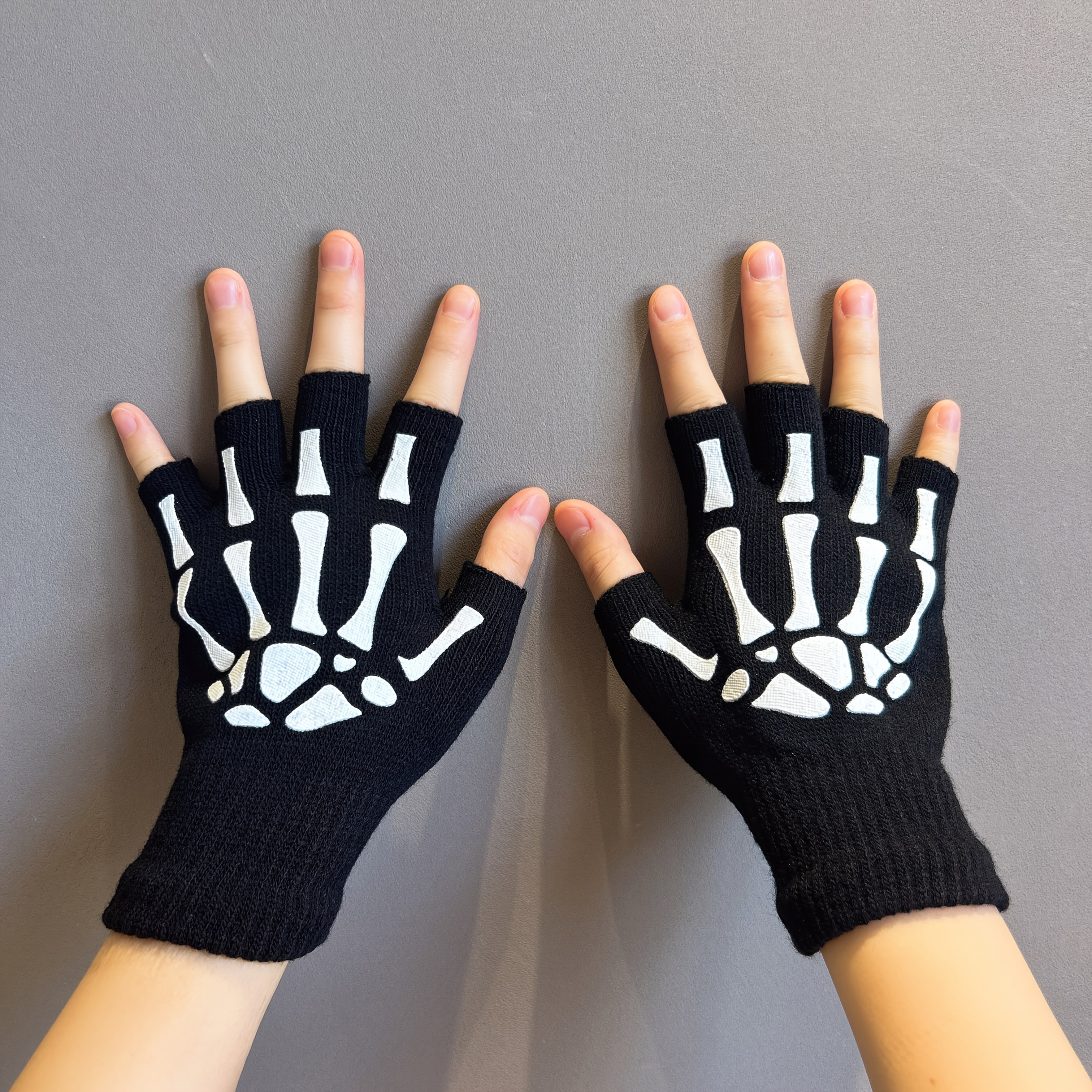 TEMU Une paire de gants squelette à griffes d'Halloween, disponibles en demi-doigts et pleine main. unisexe, tendance et polyvalente, gants chauds
