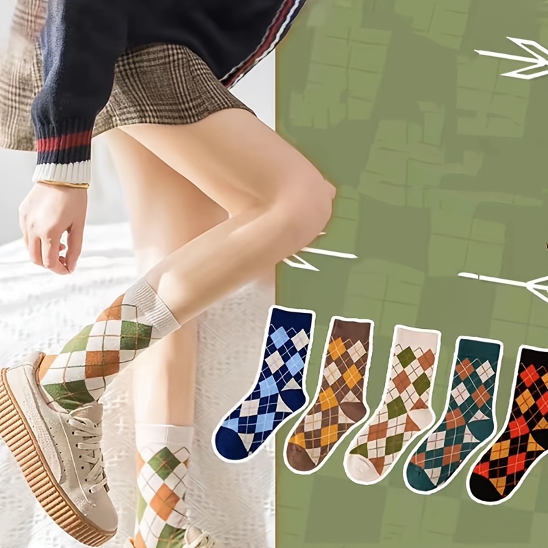 

5 Pairs Stylish Colorful Argyle Pattern Socks, Comfy & Breathable Mid Tube Socks, Women's Stockings & Hosiery