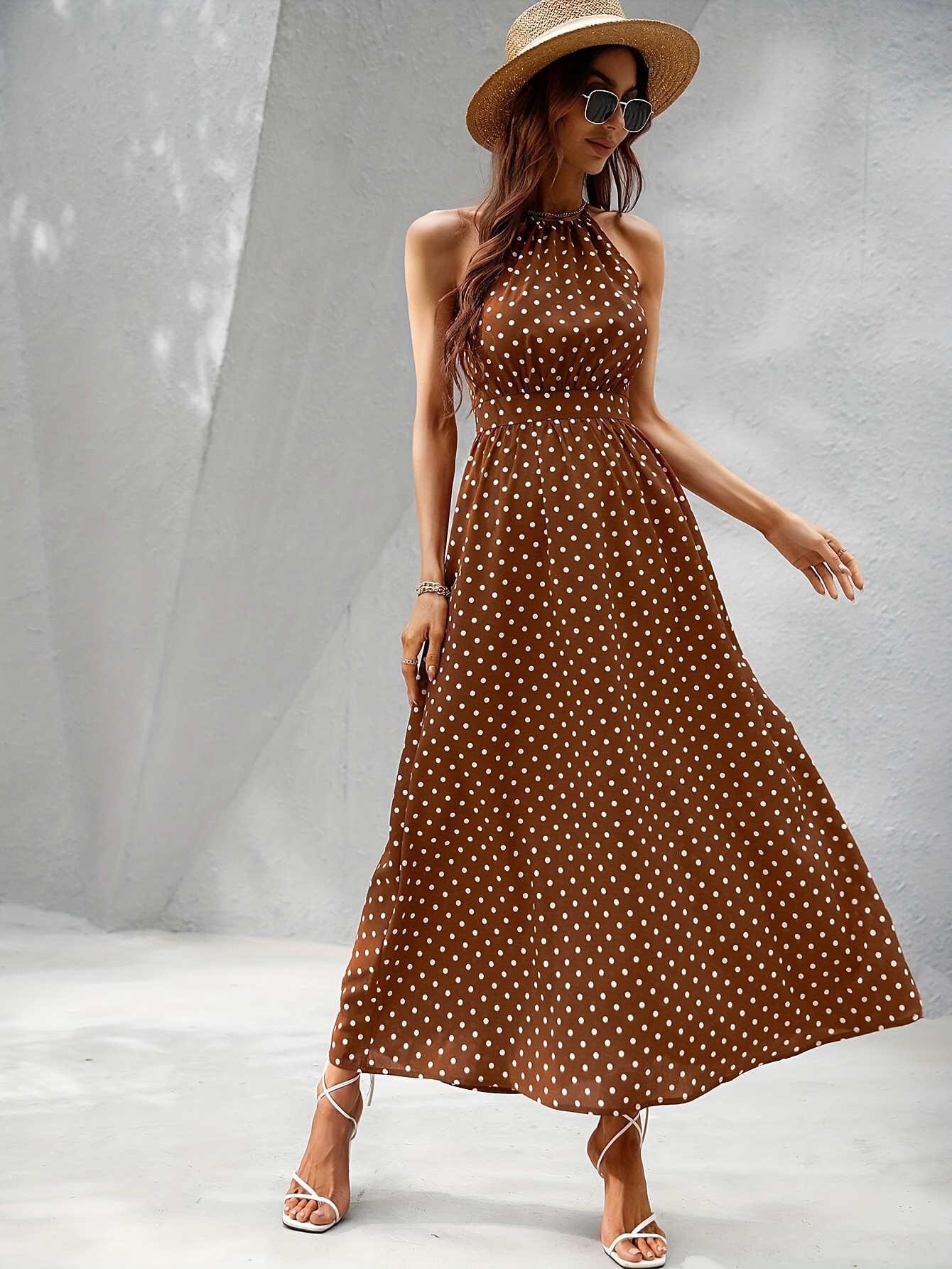 brown strapless midi dress Zapaka Women Dark Brown and White Strapless Satin Polka Dots Dress A-Line  Midi Party Dress – ZAPAKA