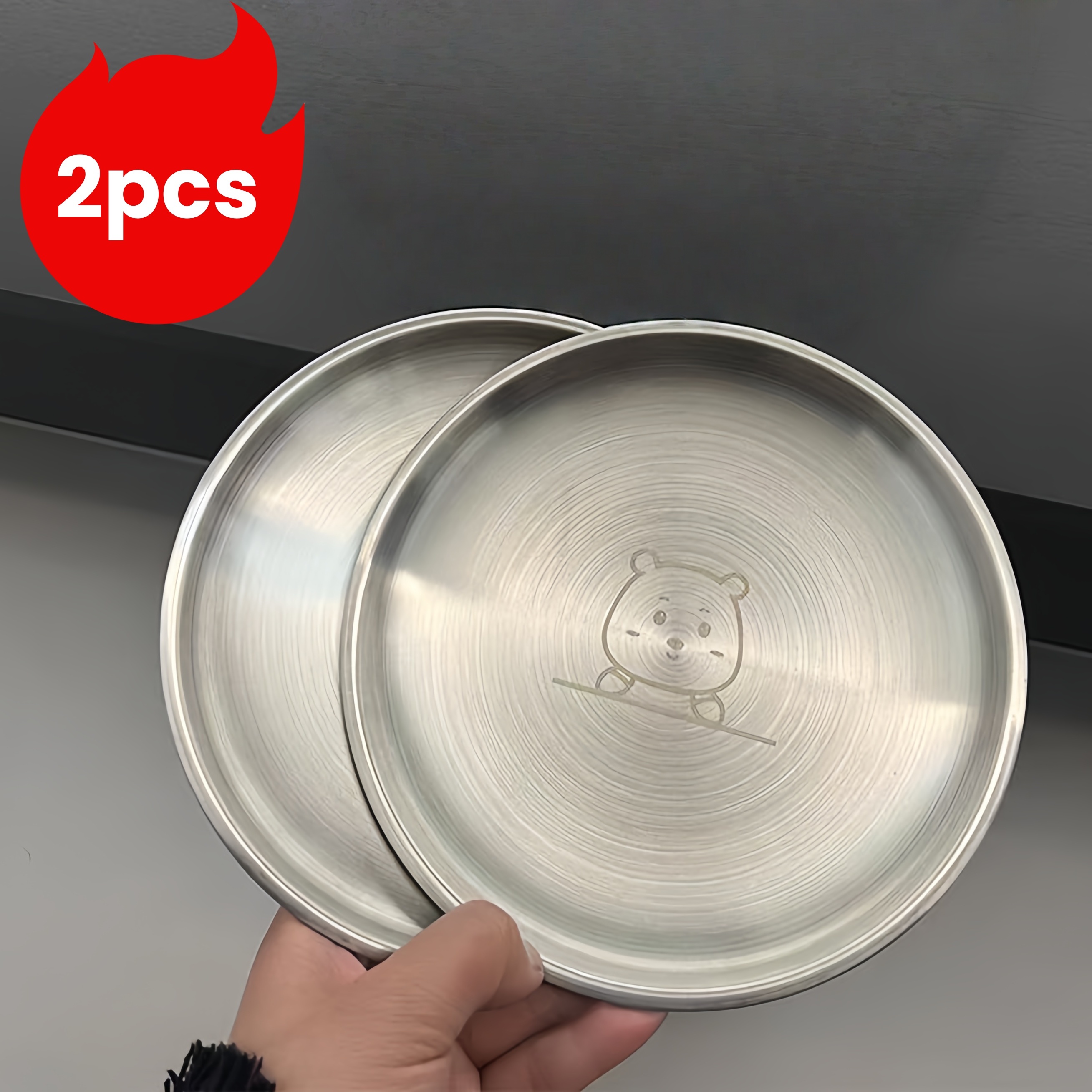 Image of 2pcs Stainless Steel Luxury Dinner Plate Set With Cute , 6.7" Pasta Steak Dessert Cartoon Dinner Plates, Stackable And Easy To Clean, Anti-breakage, Kitchen, Restaurant, Hotel, Canteen Serving Dish