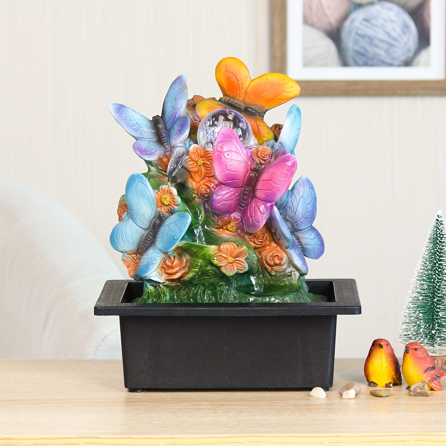 

Usb Powered Tabletop Fountain, With Butterflies And Ball, Lights Waterfall For Home And Office Decor