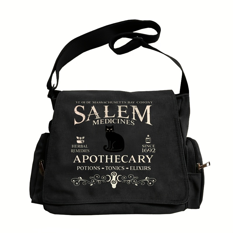 TEMU Women' Shoulder Bag Valentine's Day Upgrade New Fabric Retro Large Capacity Flap Crossbody Tote Bag Salem Apothecary Logo Black Cat Pattern Text