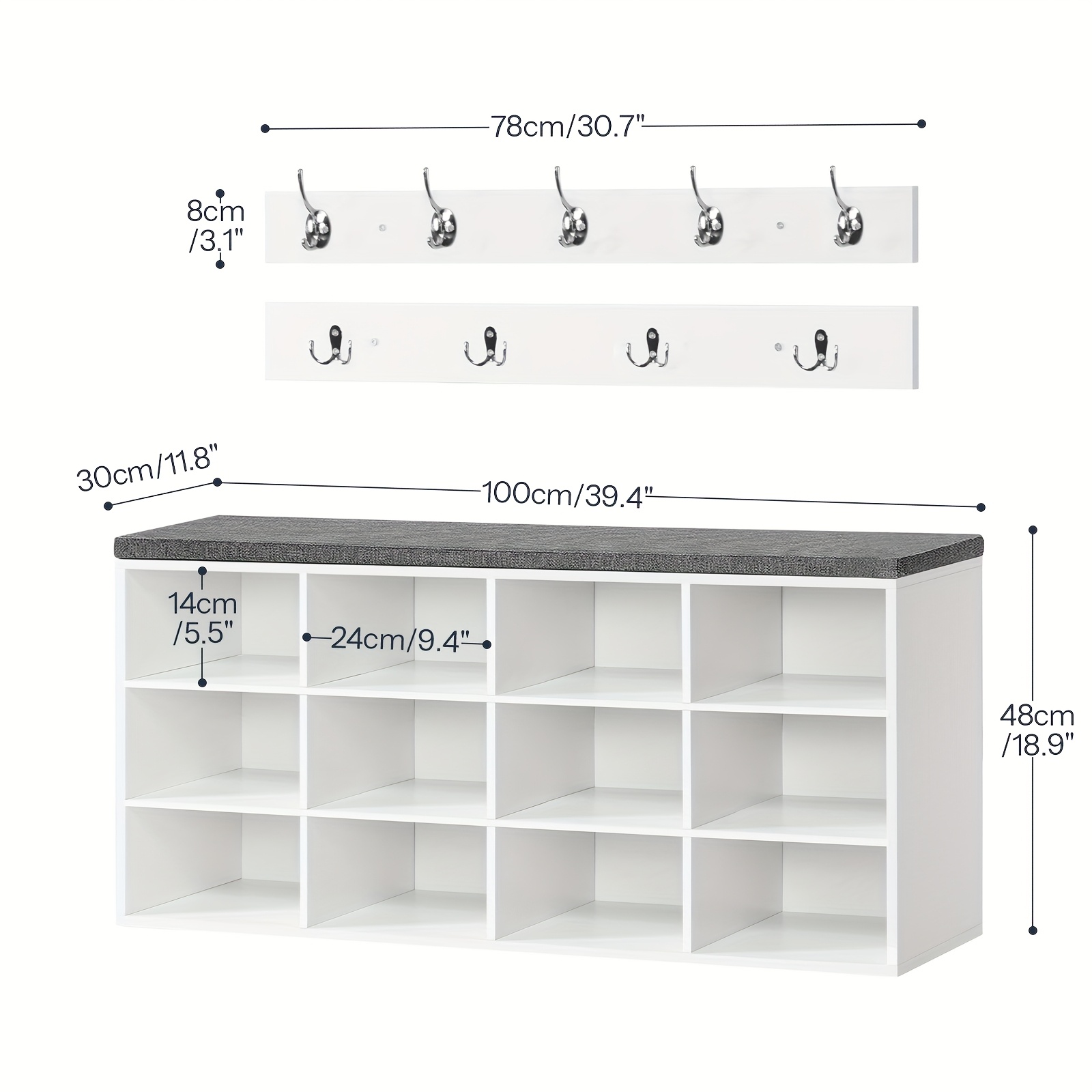 12-compartment Shoe Rack With Cushion, Wall-mounted Wardrobe With 9 Hooks, Suitable For Entrance, Hallway And Bedroom Storage