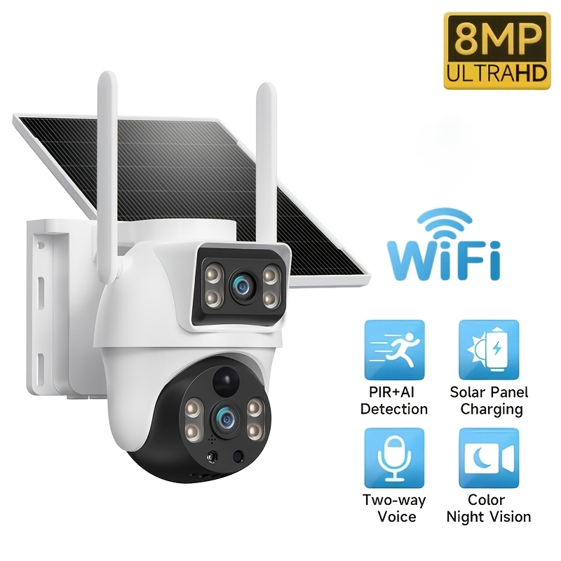TEMU Caméra de sécurité extérieure solaire XIAOVV 4K HD : double objectif, , surveillance fil PTZ à 360°, WiFi 2,4 GHz, vision en couleur, détection