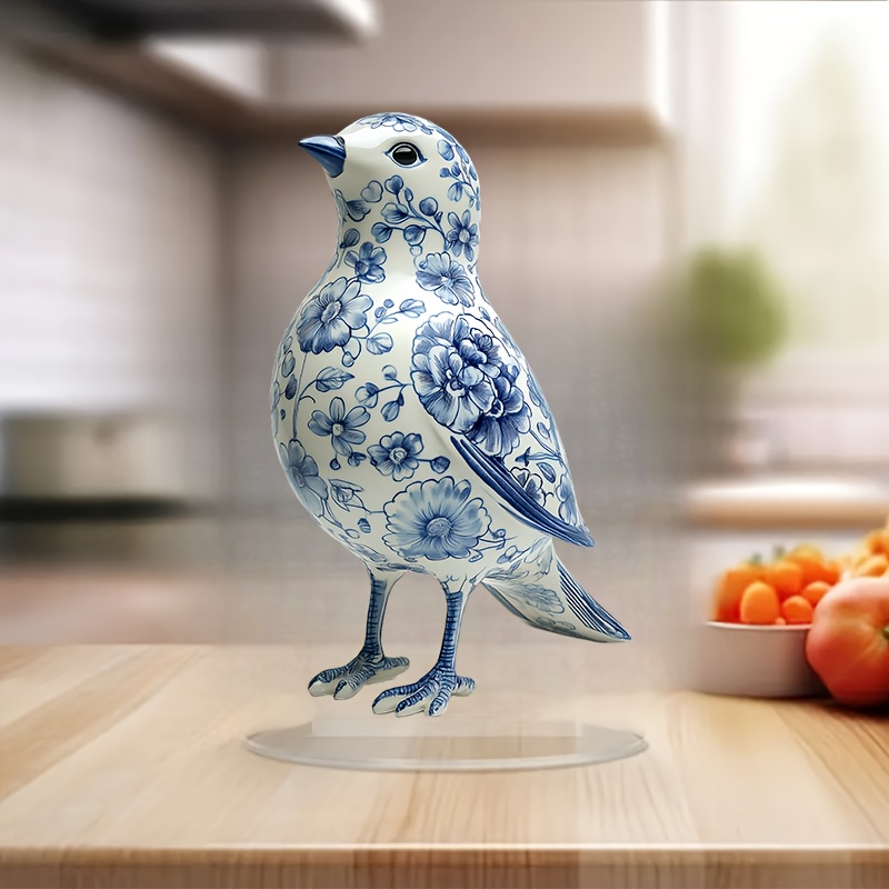 

2d 1pc Blue And White Porcelain Bird Statue - Acrylic For Home, Office Or Garden Decoration With Built-