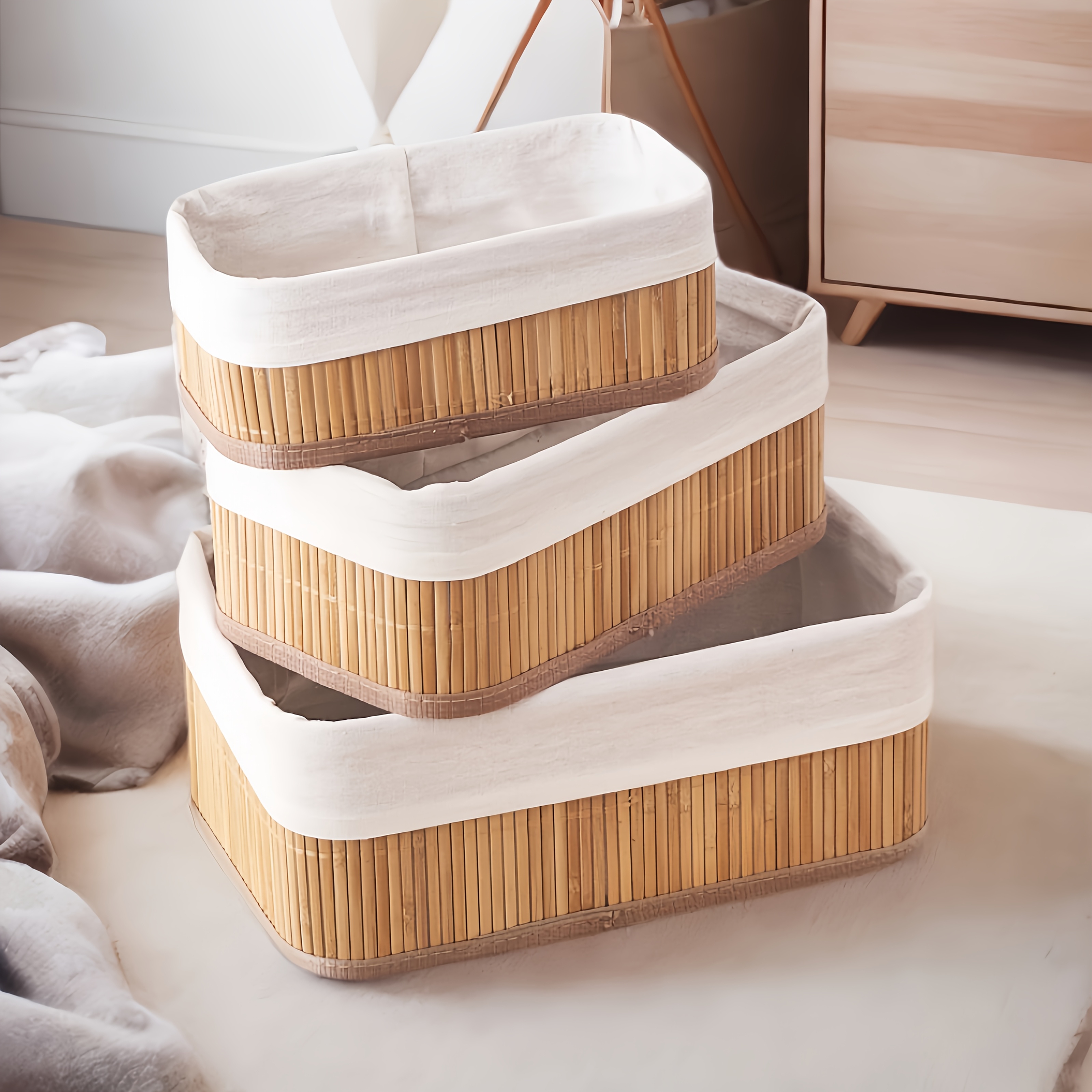juego de 3 cestas de bambú de estilo bohemio para guardar papel higiénico, diseño de parte superior  ,   para uso en el baño, también se puede utilizar para cosméticos o almacenamiento de joyas - contenedores de estantes versátiles, cestas de estantes