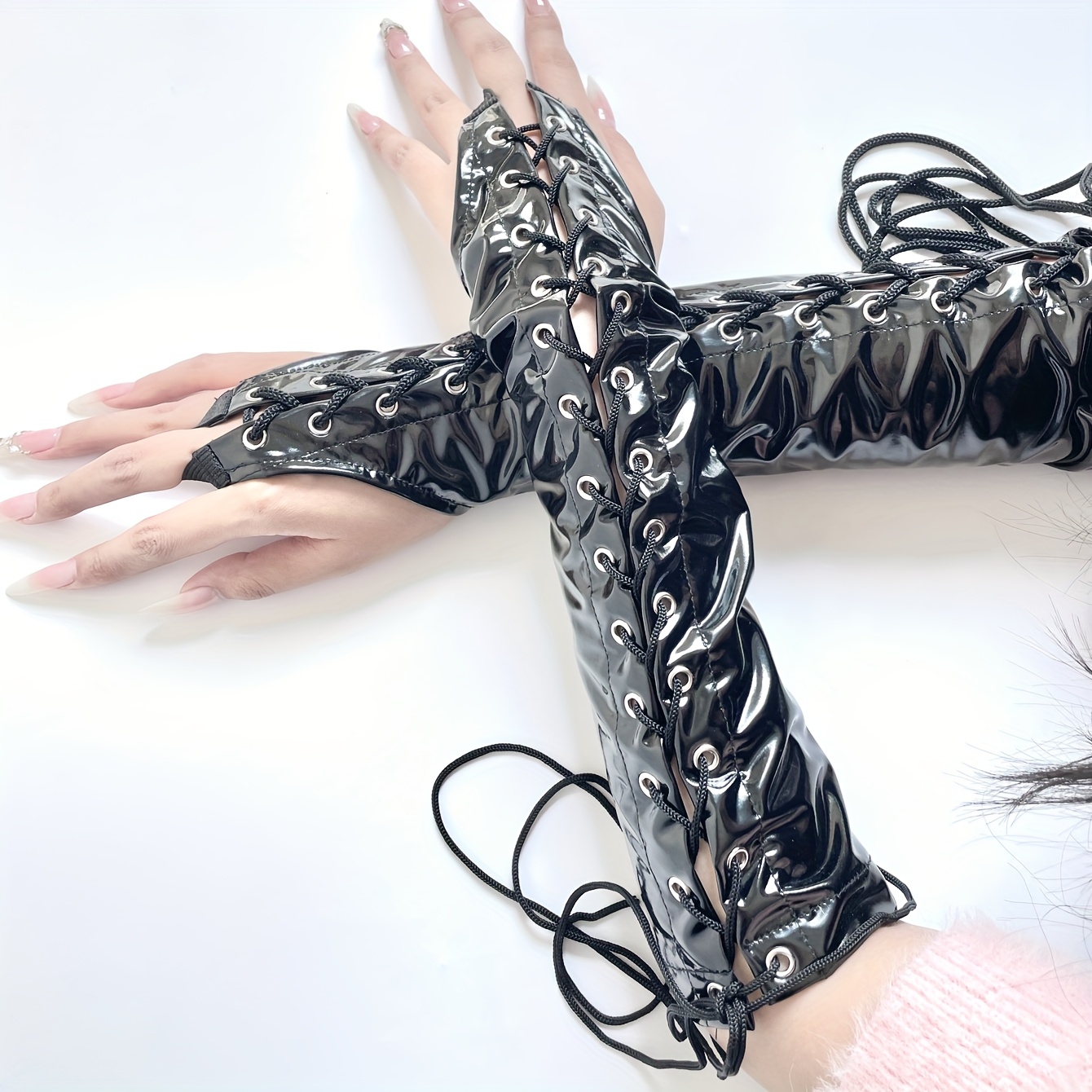 Image of 1 Pair Women's Dressing Gloves, Pvc Hook Finger Gloves, Stage Performance Strappy Gloves, Suitable For Nightclub Performances