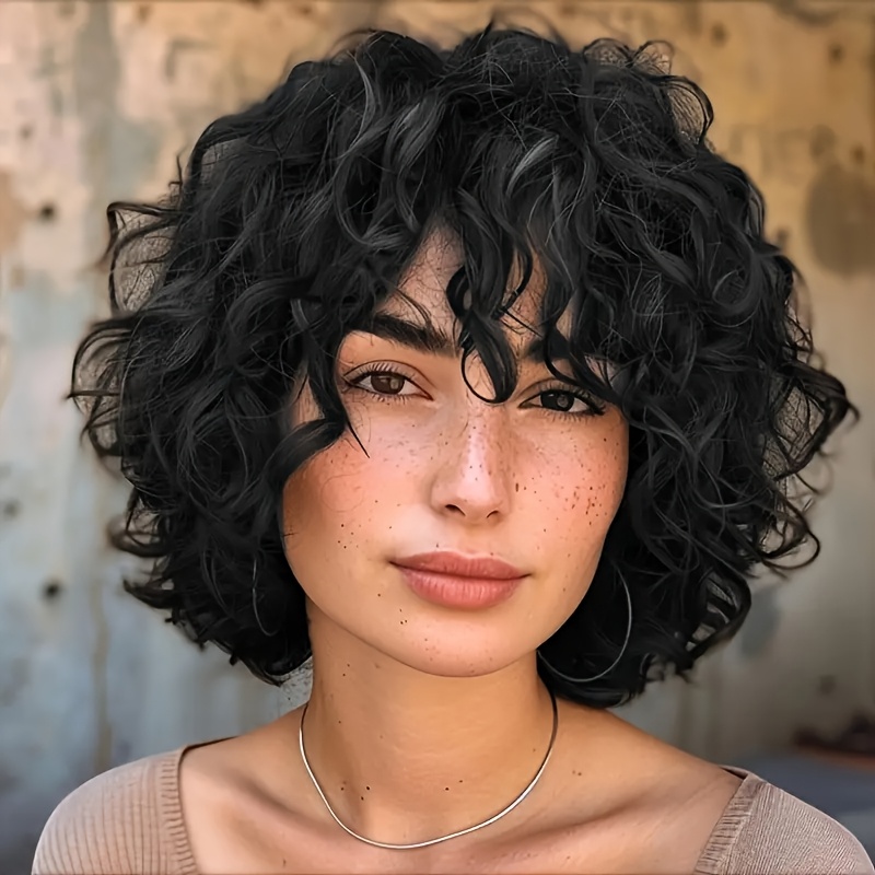 

Chic 6-inch Curly Bob Wig For Women - Human Hair With Bangs, Glueless Cap, 180% Density, Golden 1b , Ideal For Parties