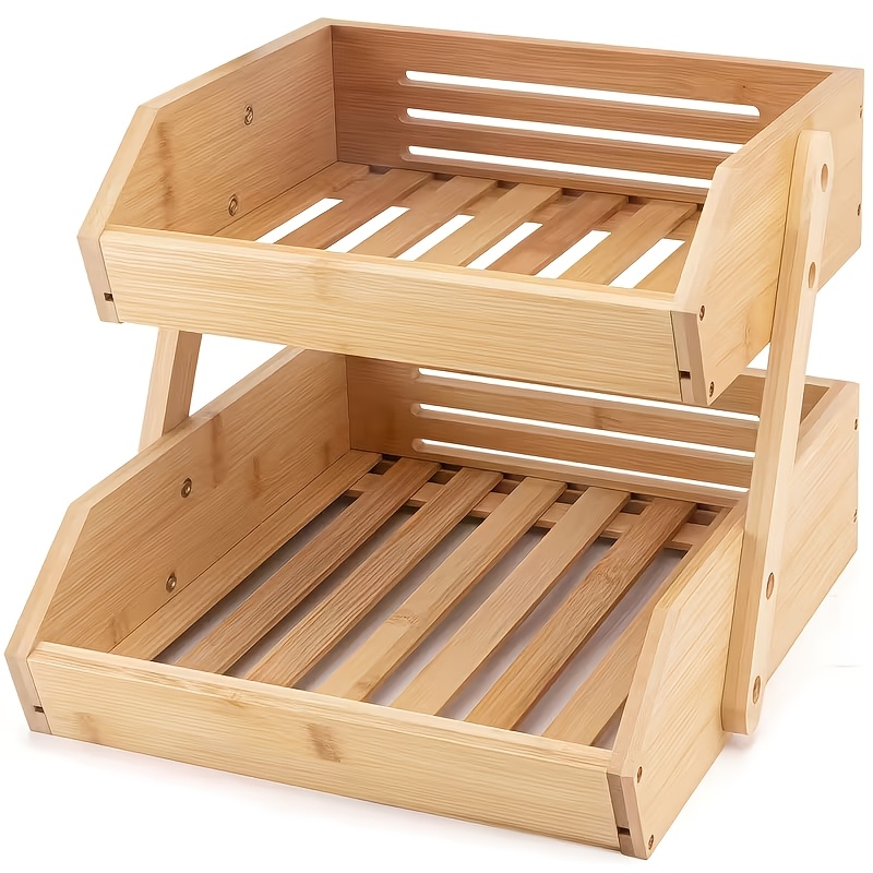 3 tier   tier heavy duty wood fruit basket stand suitable for large capacity multi level countertop shelf with natural   open slat airflow design pantry organizer bread vegetables produce