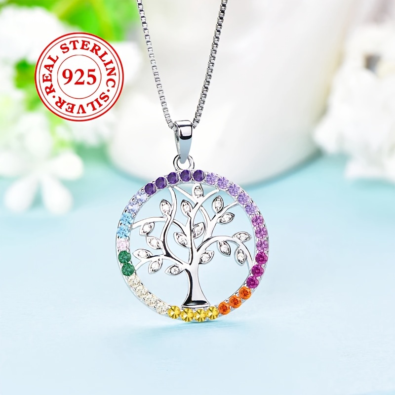 

Collier Pendentif Élégant en de Cœur Arbre de Vie avec Colorées - Argent Sterling 925, Plaqué Or Blanc, Idéal pour & les Fêtes, Bijou Toutes , Style Européen et Américain, 2.9g