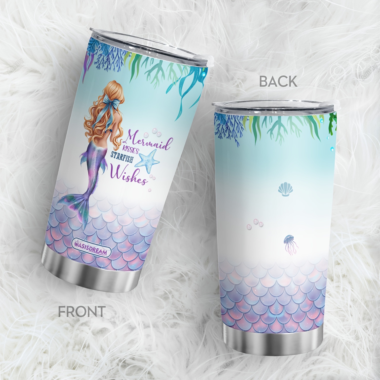 

1pc 20oz Birthday Gifts For Women Mermaid Kisses Starfish Design Tumbler Cup With Lid, Insulated Travel Coffee Mug, For Ice Drink, Hot Beverage