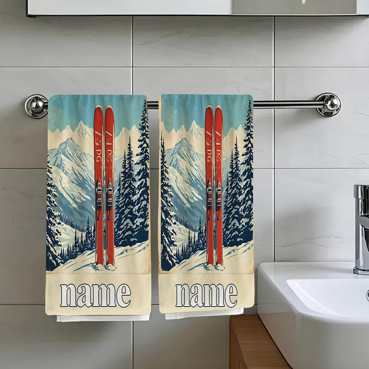 TEMU 2pcs, une pièce de bottes de ski rouges debout sur entourées de pins couverts de neige et de . Serviettes essentielles pour les voyages,