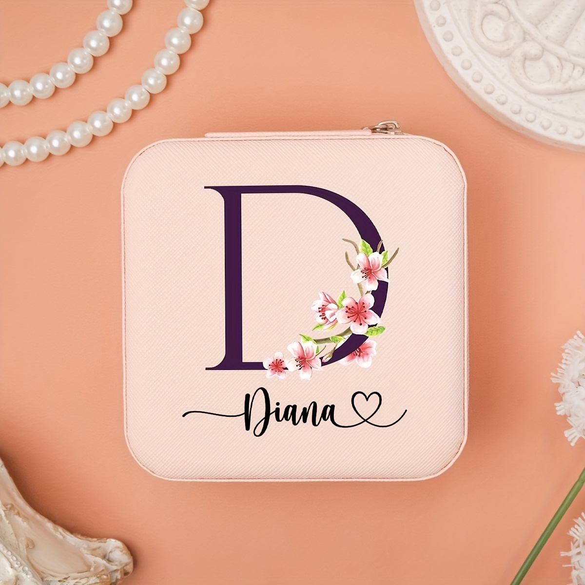 Personalized Cherry Blossom Letter Design Jewelry Box, Compact Organizer