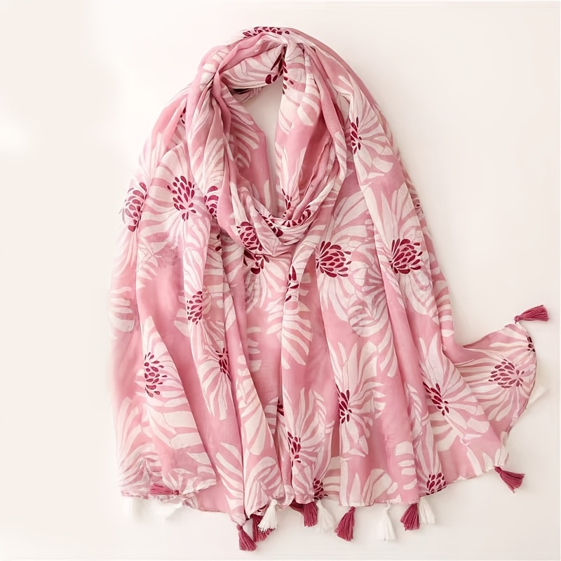 TEMU This Versatile Spring And Autumn Soft Pink Printed Tassel Scarf, Neck Warmer, Choker, And Shawl Is The Perfect For A Gentle Forest-inspired