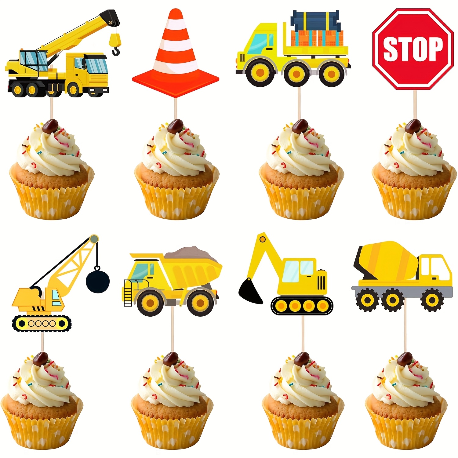 Image of 16pcs Construction Cupcake Toppers Stop Sign Dump Truck Excavator Tractor Party Cake Food Picks Decorations For Construction Theme Baby Shower Birthday Party Supplies