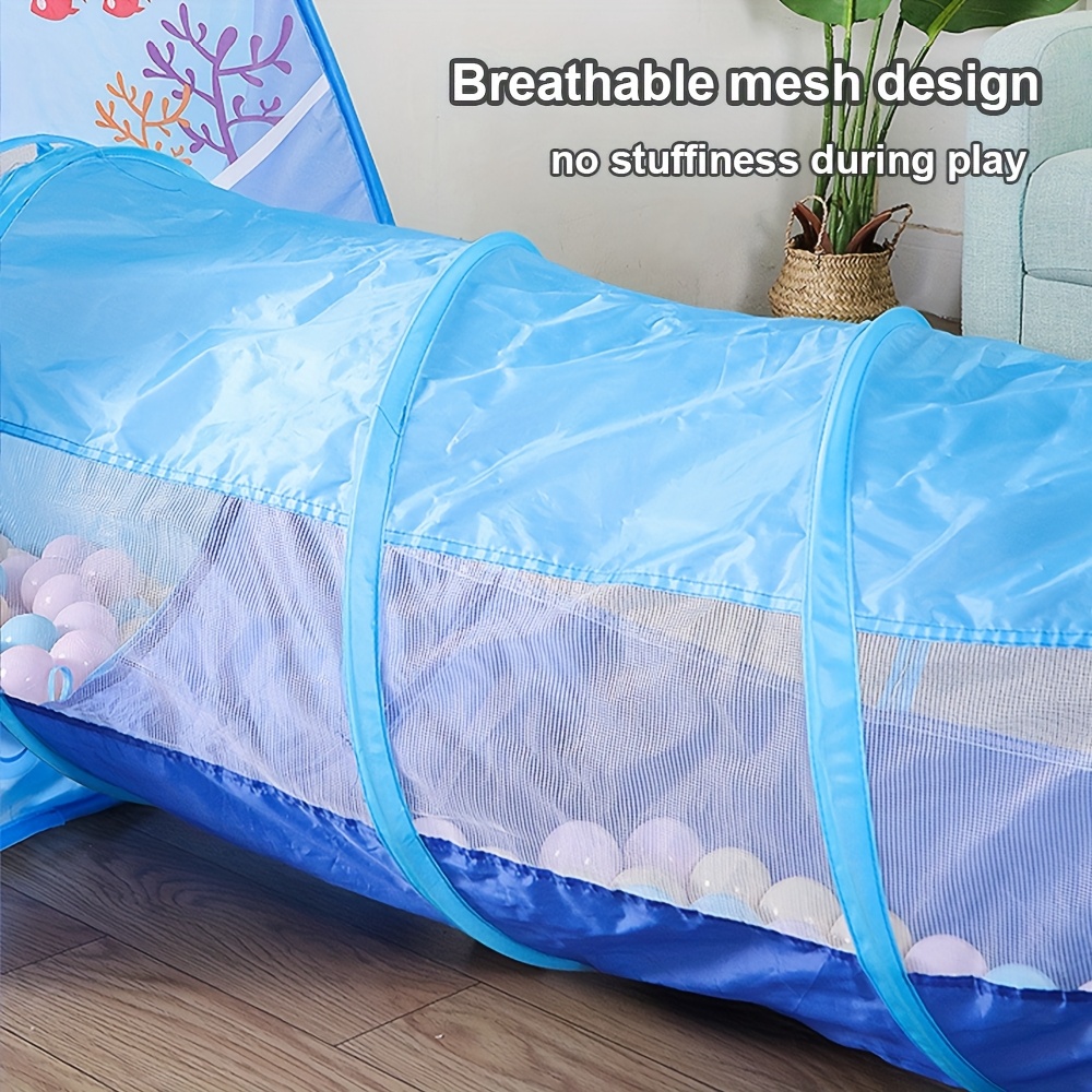 3-delige Blauwe Oceaan Thema Kinderballenbak Set met Glijbaan-achtige Tunnel & Koepelhoes