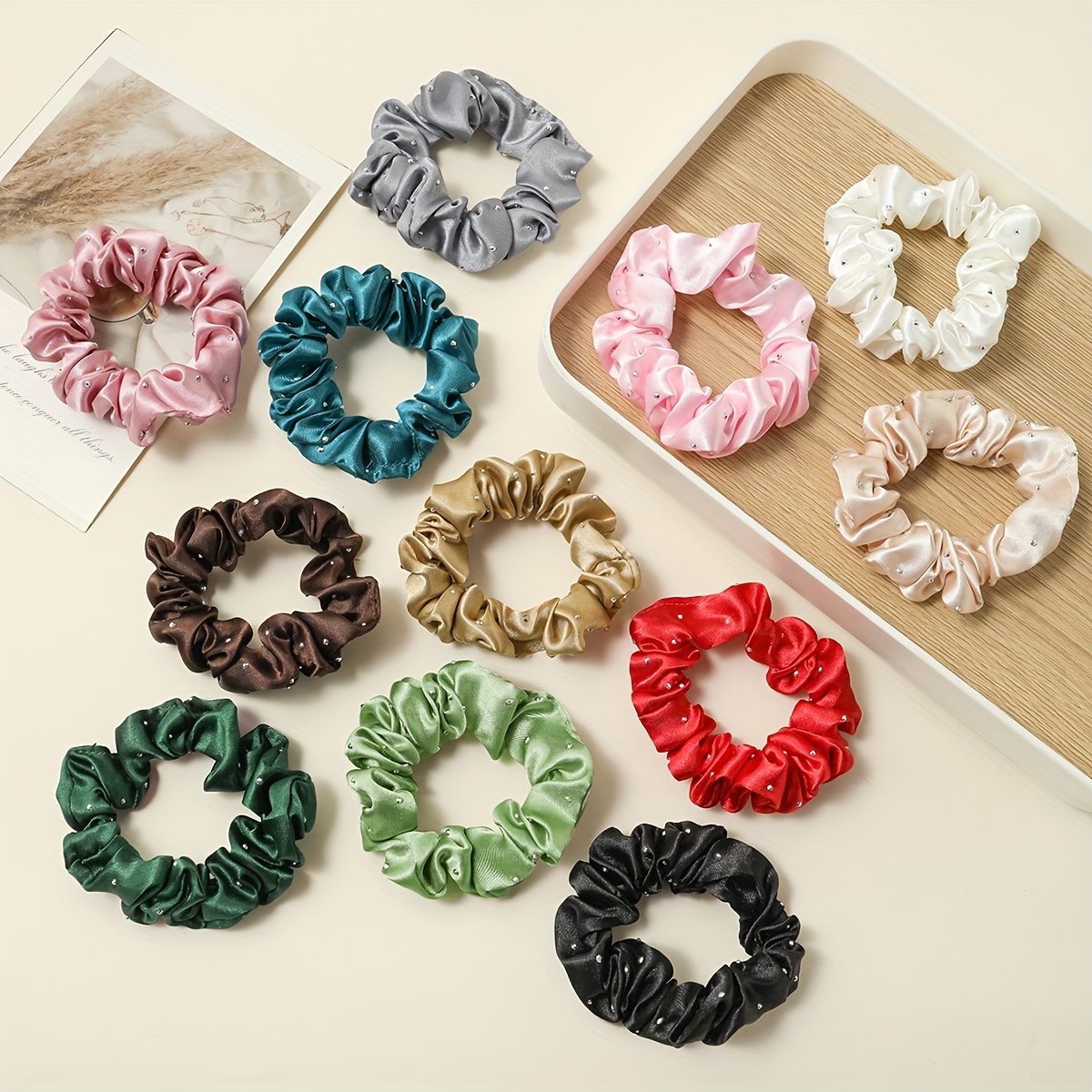 

12pcs Elegant Scrunchies With Accents - Assorted Colors, Soft Fabric Bands For Stylish And Comfortable Ponytails And Hairstyles, Hair Accessories