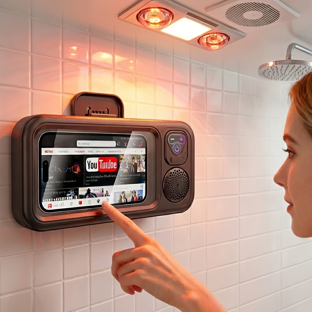 wireless shower phone holder wall mount phone case with audio function   support 360 adjustable viewing stand universal for bathroom mirror bathtub