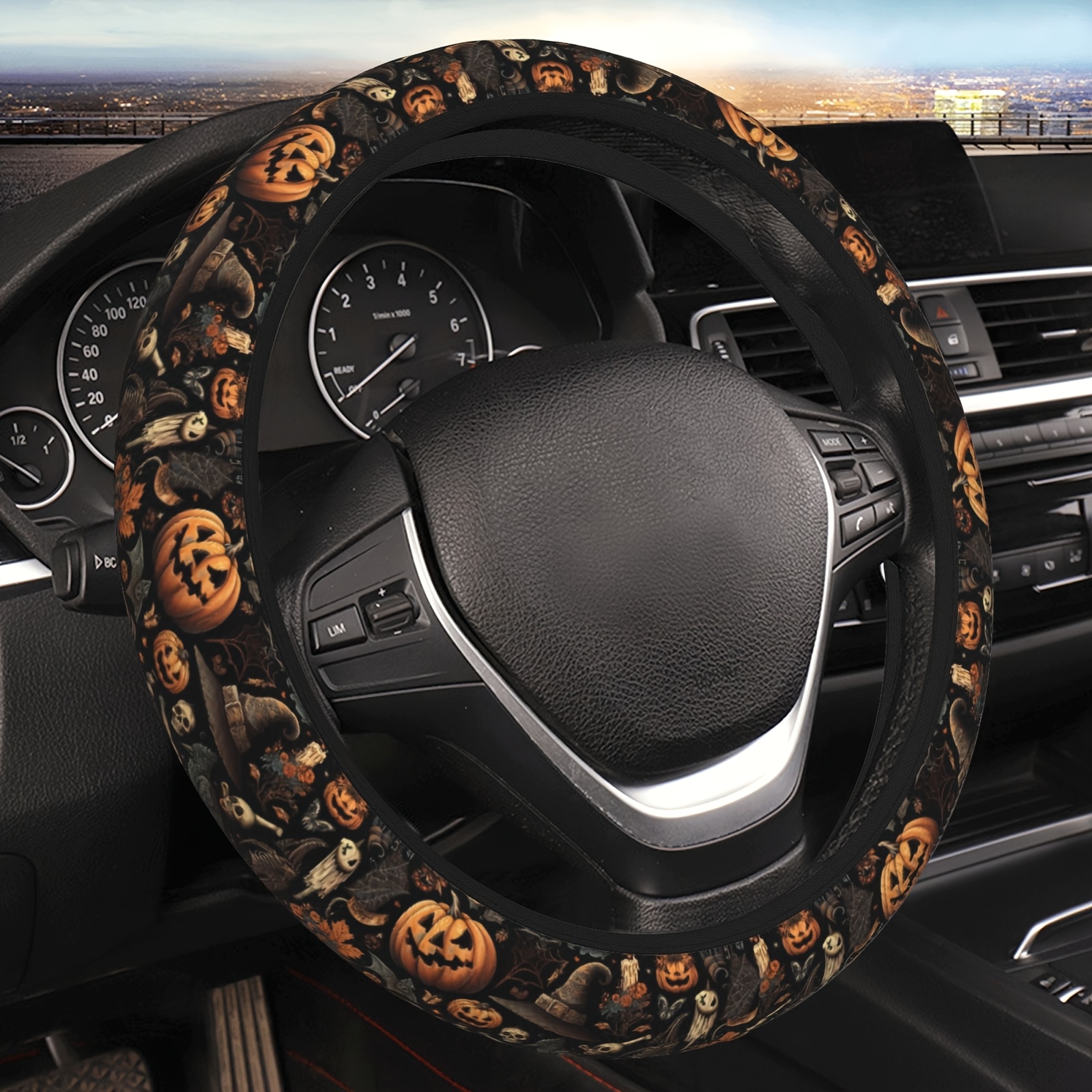 TEMU 1pc Halloween Pumpkin Steering Wheel Cover For 15 Inch Wheels - No Durable And Interior Accessory