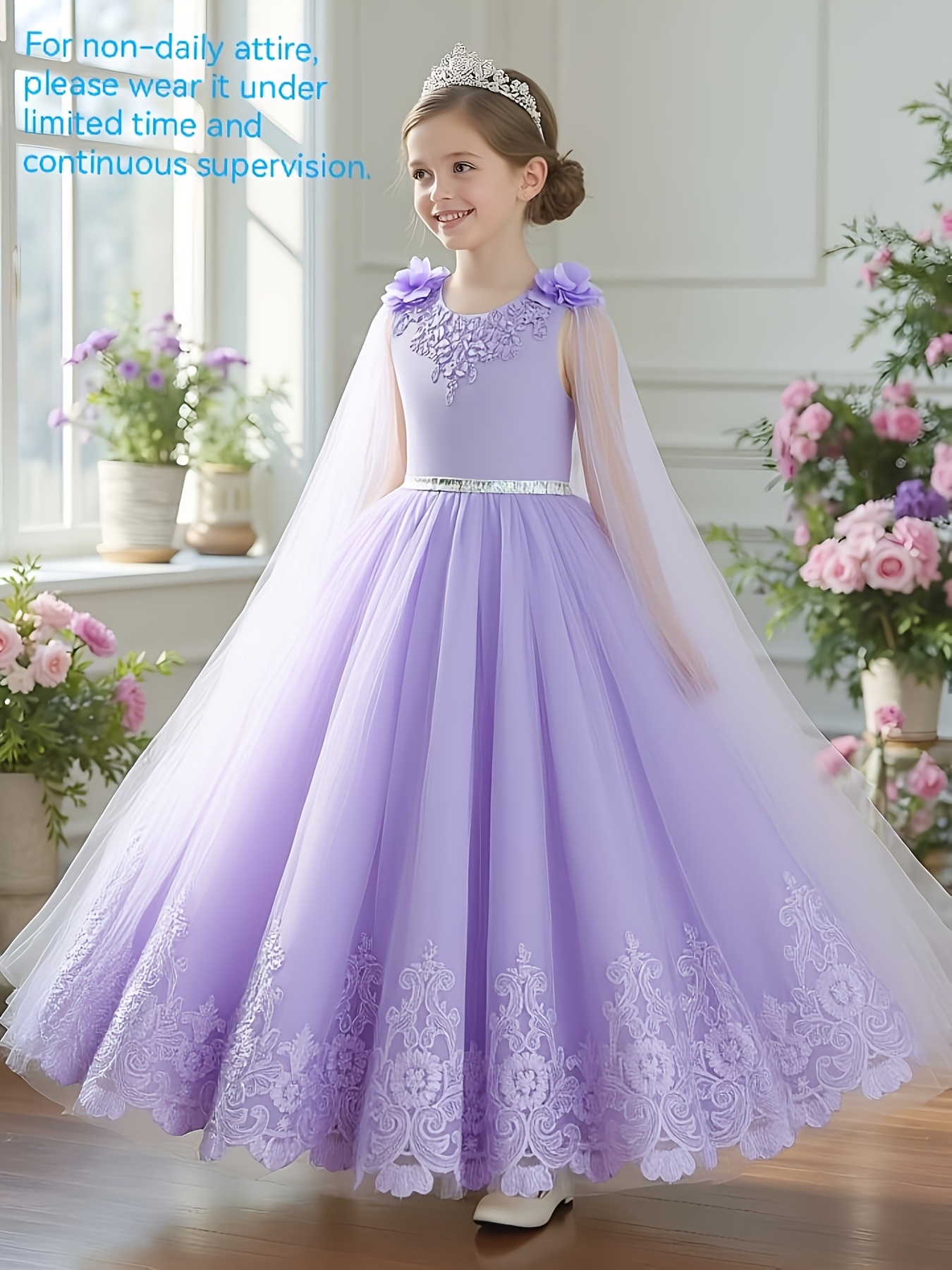 Girls' Light Luxury Niche Sequin Evening Dress Ethereal Flowing Purple Tulle Shawl Floor-Length Princess Dress 3D Floral * Solid Color Sleeveless Lace Embroidered Puff Dress Suitable for 3-12 Year Old 